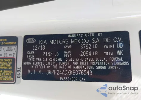 2019 Kia Forte Fe/Lx/Lxs z USA, uszkodzony, nr VIN 3KPF24ADXKE076543